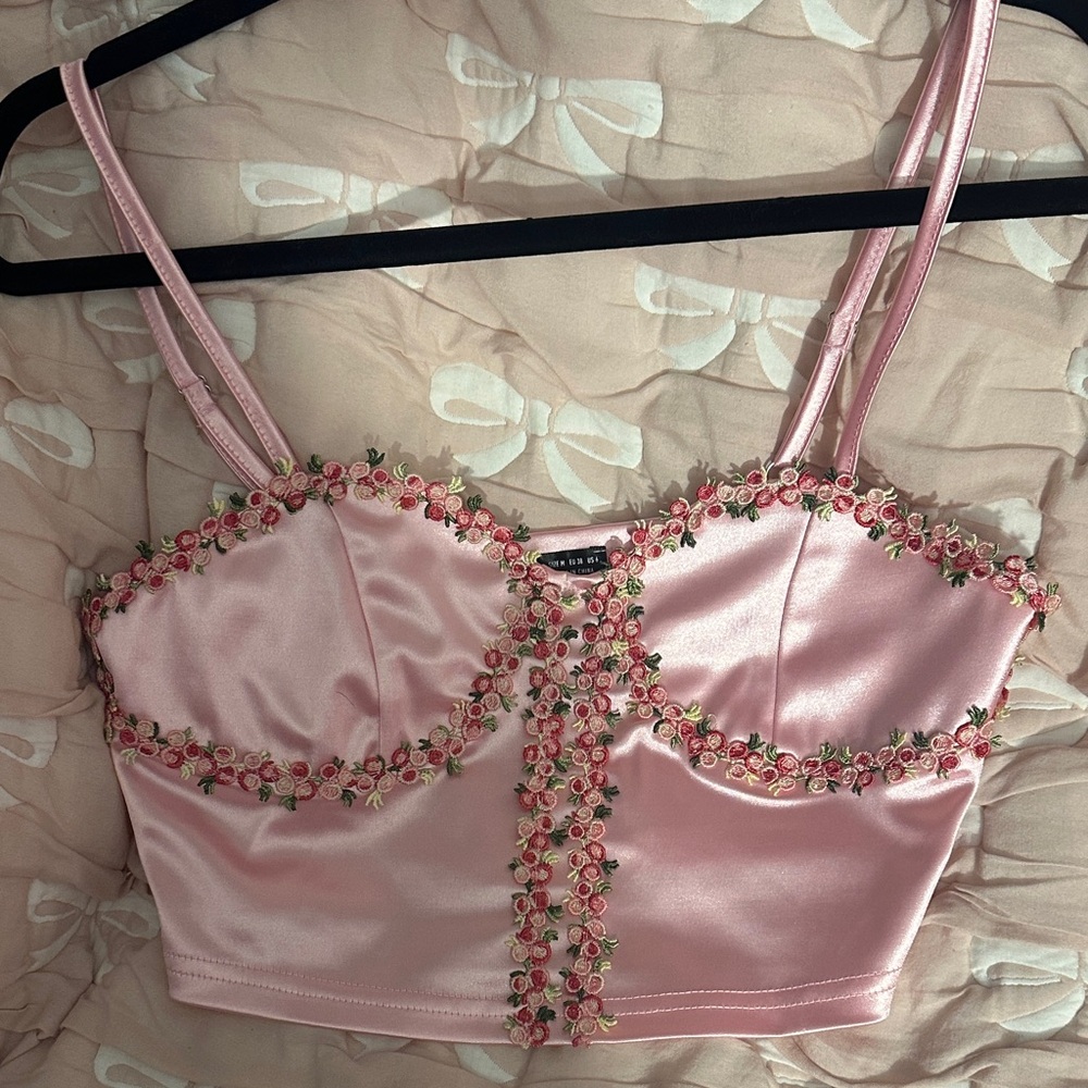 SHEIN Pink Satin Rose Embroidered Crop Top